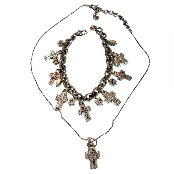 Brighton 2pc. Set Necklace & Bracelet Etched Filagree and Crystal Crosses - Picture 3 of 12